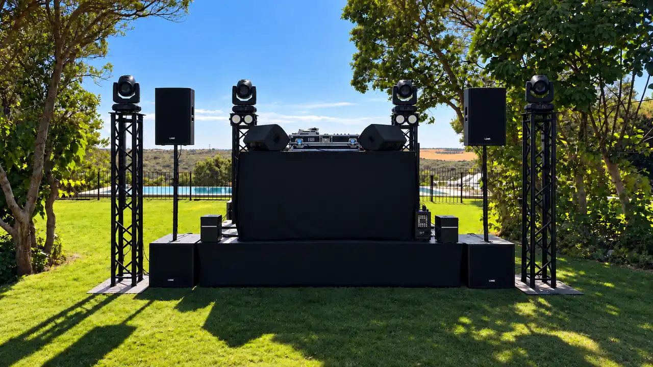 Montaje de DJ con escenario, sonido e iluminación de Bongala Studio al aire libre